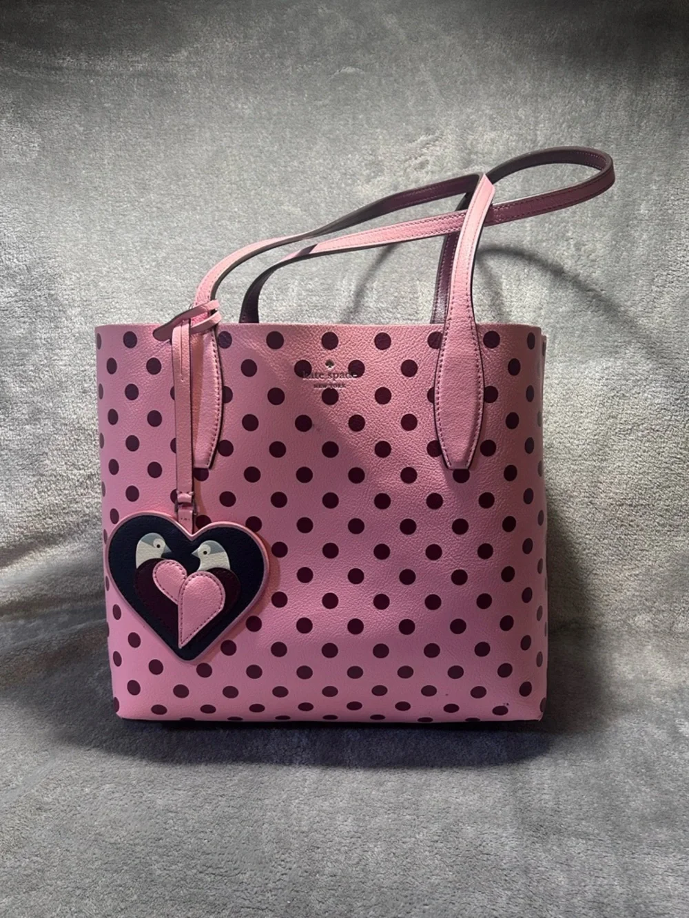 Kate Spade Arch Lovebirds Reversible Polkadot Tote w/ Bag Charm - Picture 3 of 12